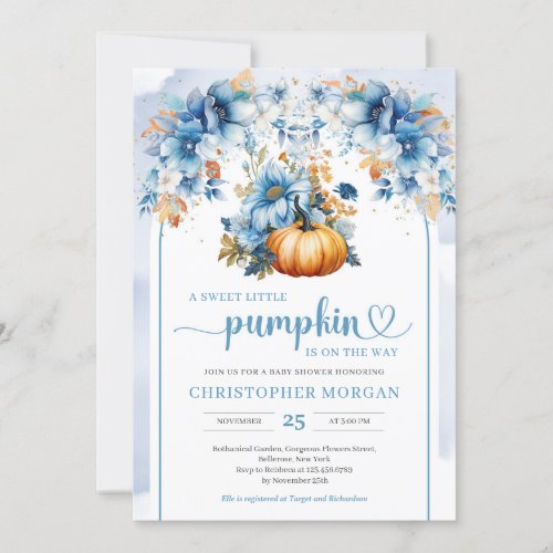 Watercolor orange pumpkin dusty blue flowers arch invitation