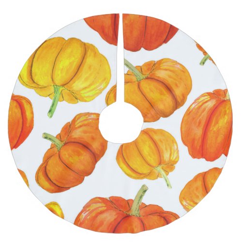 Watercolor Orange Pumpkins Autumn Texture Brushed Polyester Tree Skirt