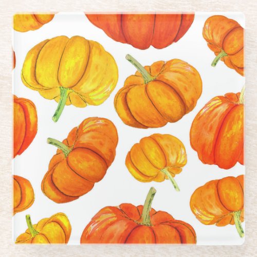 Watercolor Orange Pumpkins Autumn Texture Glass Coaster