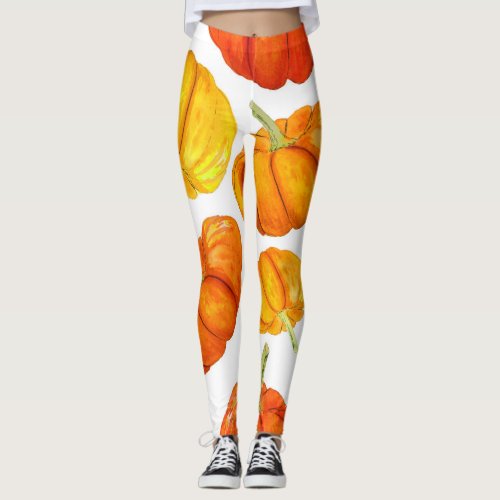 Watercolor Orange Pumpkins Autumn Texture Leggings