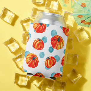 Watercolor Orange Pumpkins Blue Polka Dots Can Cooler