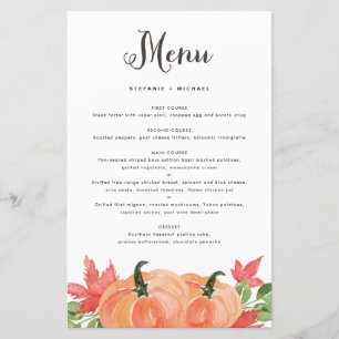 Watercolor Orange Pumpkins Fall Wedding Menu Card