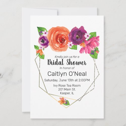 Watercolor Orange Purple Pink Floral Gold Frame Invitation