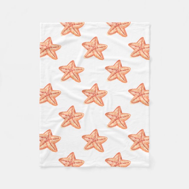 watercolor orange starfish beach design fleece blanket (Front)