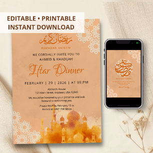 Watercolor Orange Sunset Mosque Iftar Dinner Invitation
