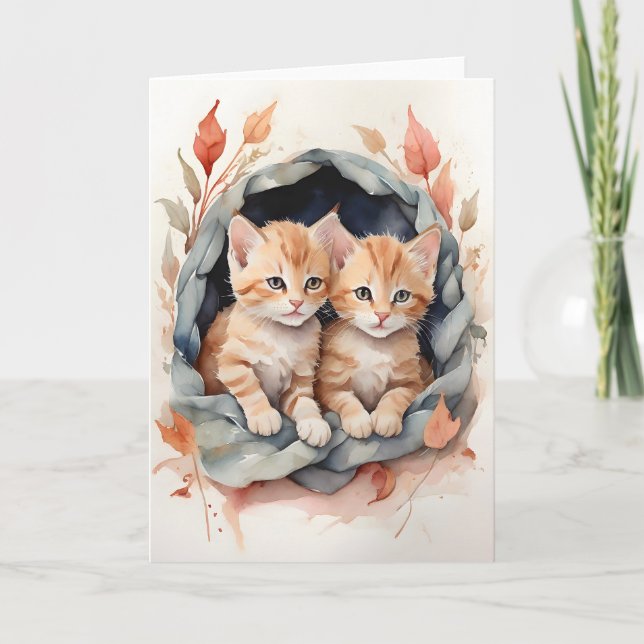 Watercolor Orange Tabby Best Pals Flowers Blank Card (Front)