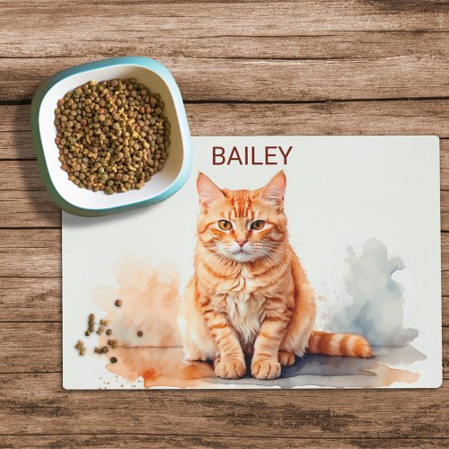 Watercolor Orange Tabby Cat Food Mat