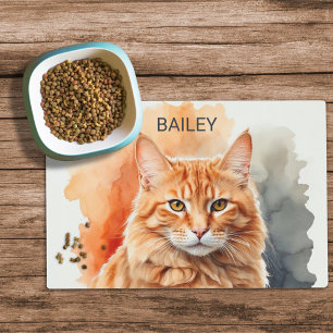Watercolor Orange Tabby Cat Food Mat