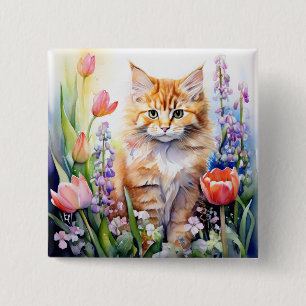 Watercolor Orange Tabby Kitty Cat In Flower Garden Button
