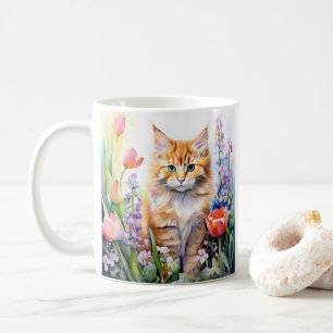 Watercolor Orange Tabby Kitty Cat In Flower Garden Coffee Mug