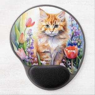 Watercolor Orange Tabby Kitty Cat In Flower Garden Gel Mouse Pad