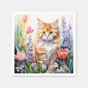 Watercolor Orange Tabby Kitty Cat In Flower Garden Napkins
