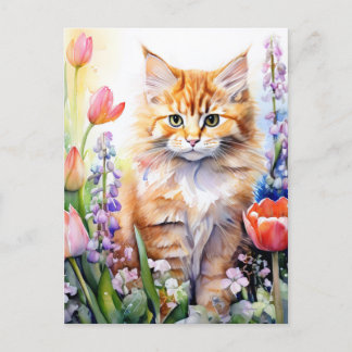 Watercolor Orange Tabby Kitty Cat In Flower Garden Postcard