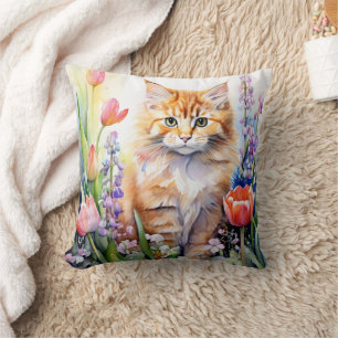 Watercolor Orange Tabby Kitty Cat In Flower Garden Throw Pillow