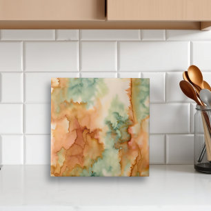 Watercolor Orange, Tan, Brown and Bluish Green Ceramic Tile