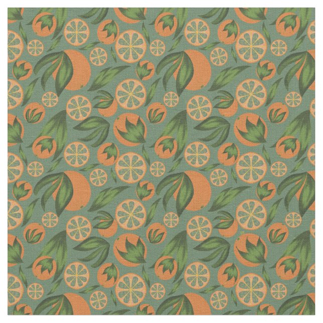 Watercolor Orange Teal Fruit Pattern Fabric (Close Up)