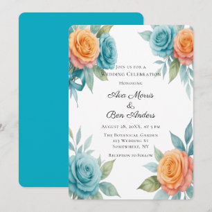 Watercolor Orange & Teal Roses Wedding Invitation