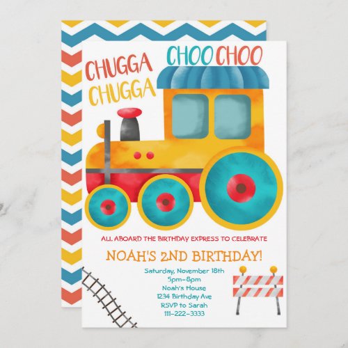 Watercolor Orange Train Birthday Invitation