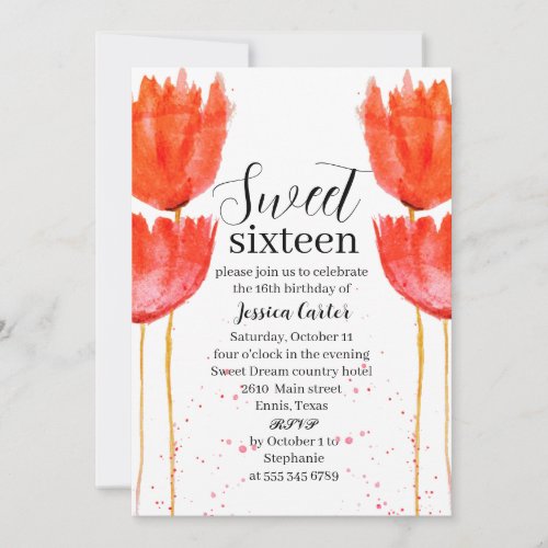 Watercolor Orange tulips Floral Sweet 16 Sixteen Invitation