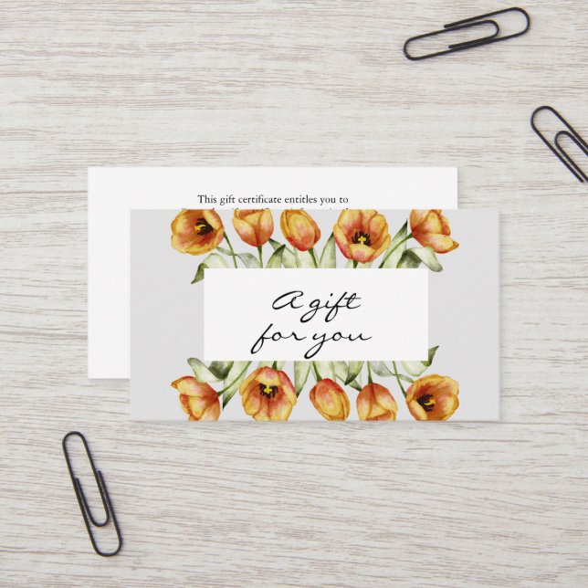 Watercolor orange tulips gift certificate (Front/Back In Situ)