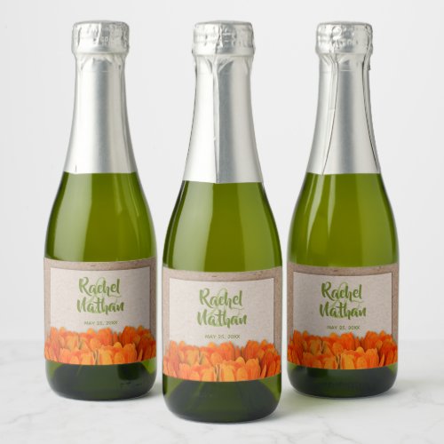 Watercolor Orange Tulips on Kraft Wedding Mini Sparkling Wine Label