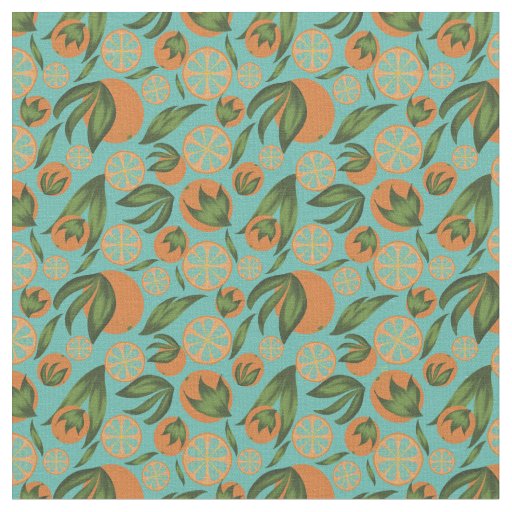 Watercolor Orange Turqouise Botanical Pattern Fabric
