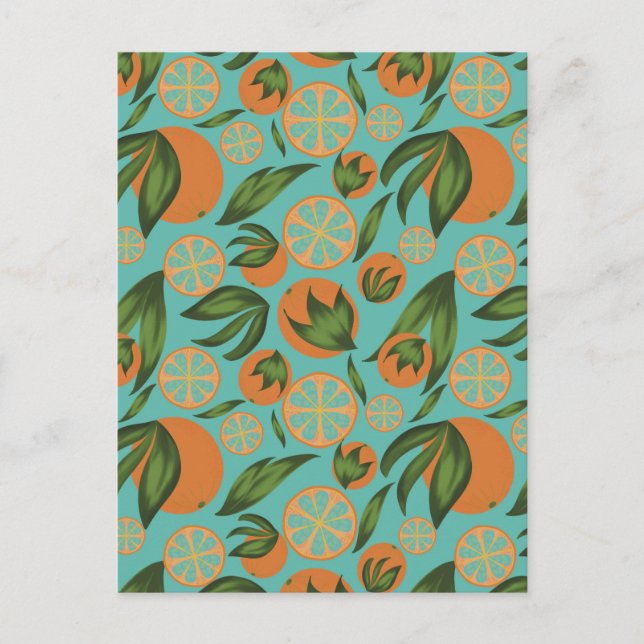 Watercolor Orange Turquoise Botanical Pattern Postcard (Front)