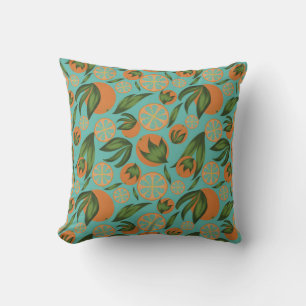 Watercolor Orange Turquoise Botanical Pattern  Throw Pillow