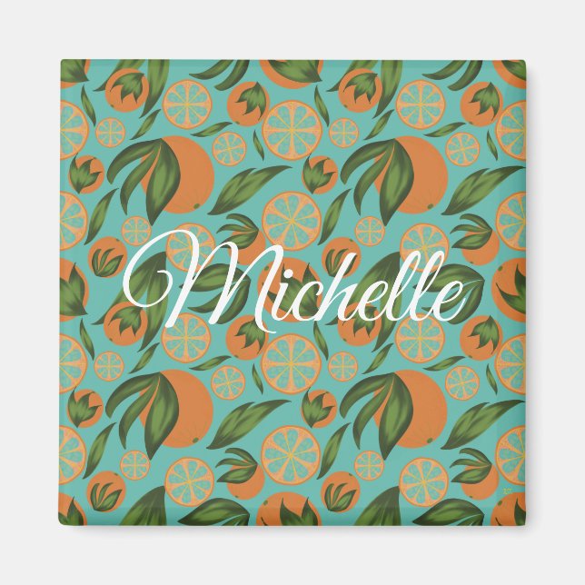 Watercolor Orange Turquoise Botanical Personalized Magnet (Front)