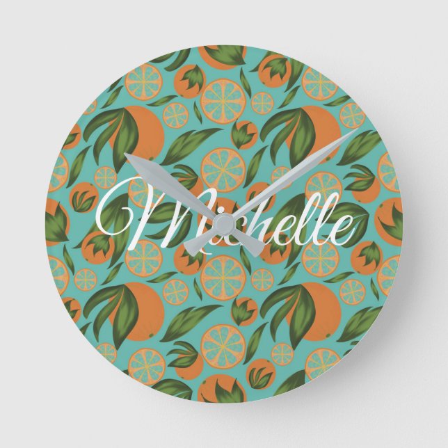 Watercolor Orange Turquoise Botanical Personalized Round Clock (Front)