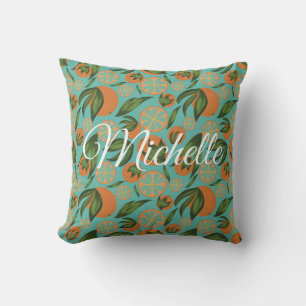 Watercolor Orange Turquoise Botanical Personalized Throw Pillow