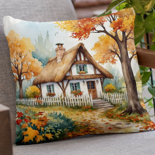 Watercolor Orange Yellow Autumn Cottage Garden Throw Pillow