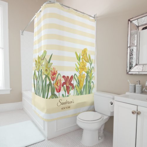 Watercolor Orange Yellow Flower Beige Stripes Shower Curtain