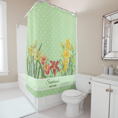 Watercolor Orange Yellow Flower Green Polka Dots Shower Curtain