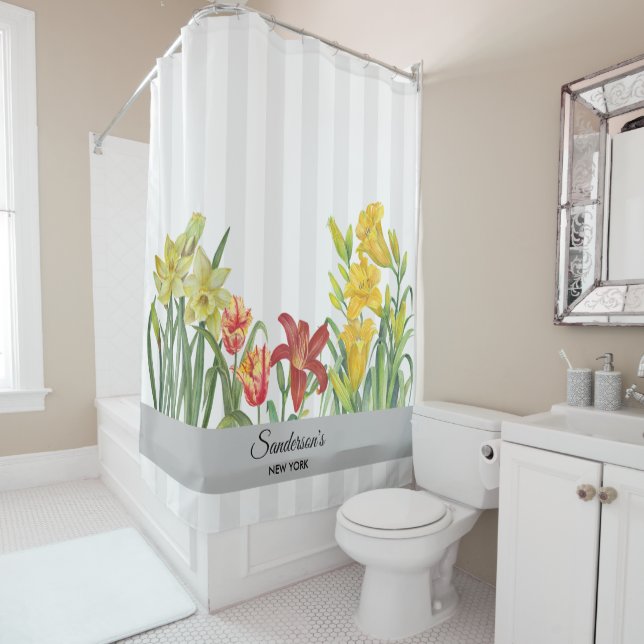Watercolor Orange Yellow Flower Stripes Shower Curtain (In Situ)