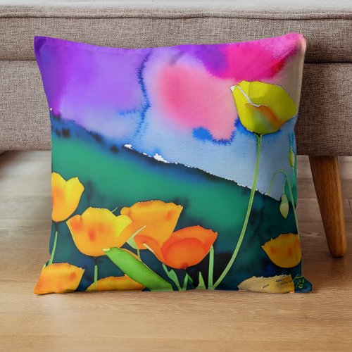 Watercolor Orange Yellow Poppies with Green Pink Throw Pillow