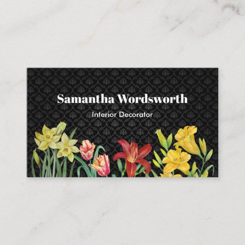 Watercolor Orange Yellow Spring Flowers Damask Business Card