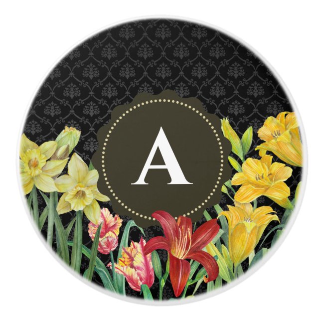 Watercolor Orange Yellow Spring Flowers Damask Ceramic Knob (Front)