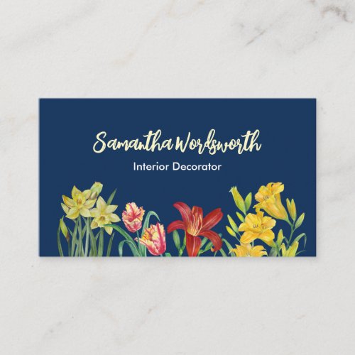 Watercolor Orange Yellow Spring Flowers Navy Blue  Business Card