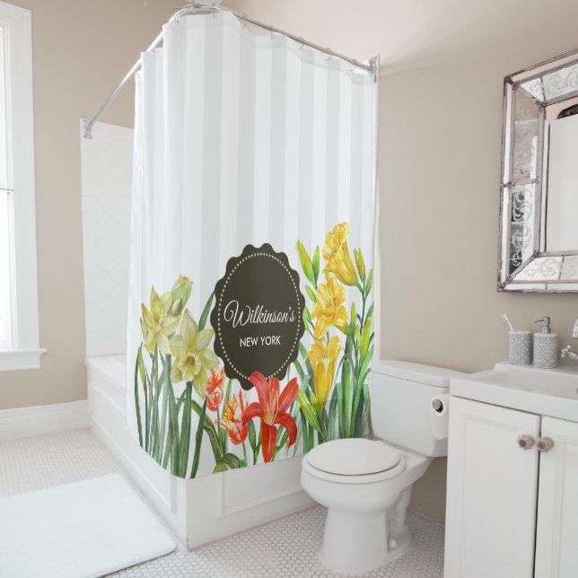 Watercolor Orange Yellow Spring Flowers Shower Curtain (In Situ)