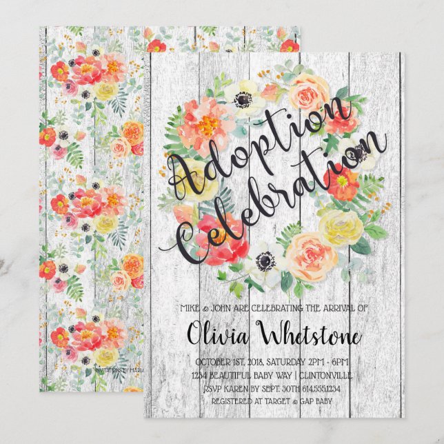 Watercolor Orange & Yellow Wreath Adoption Invitation (Front/Back)