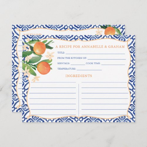 Watercolor Oranges Amalfi Blue Tiles Recipe Card