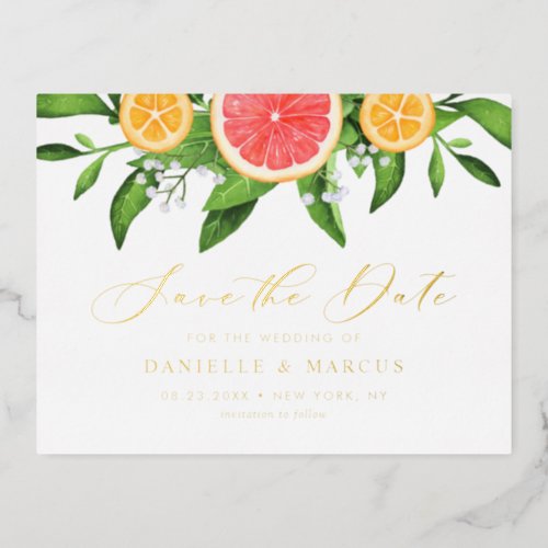 Watercolor Oranges and Grapefruits Save the Date Foil Invitation Postcard