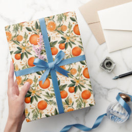 Watercolor Oranges &amp; Blooming Branches Pattern Wrapping Paper