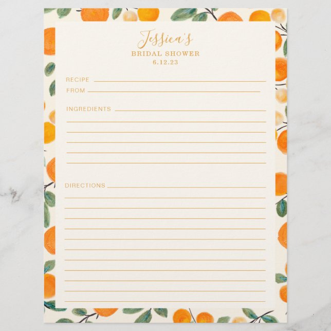 Watercolor Oranges Border Bridal Shower Recipe  Flyer (Front)