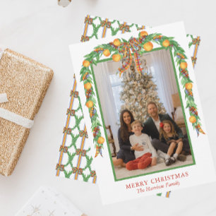 Watercolor Oranges Bow Garland Christmas Photo Holiday Card