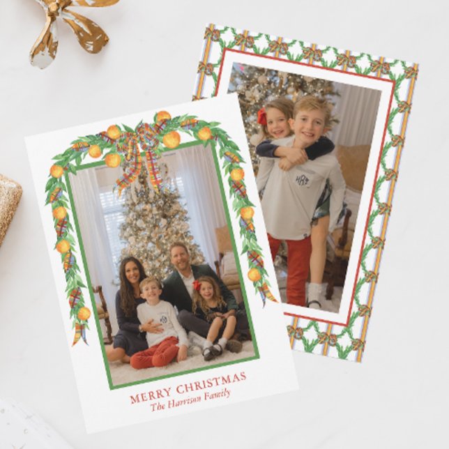 Watercolor Oranges Bow Garland Christmas Photo Holiday Card (Creator Uploaded)