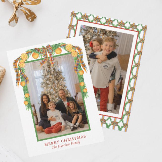 Watercolor Oranges Bow Garland Christmas Photo Holiday Card (Creator Uploaded)