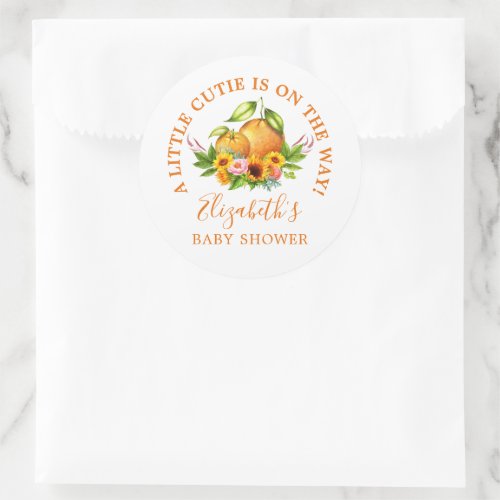 Watercolor Oranges Floral Little Cutie Baby Shower Classic Round Sticker