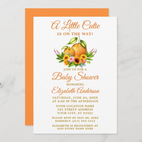 Watercolor Oranges Floral Little Cutie Baby Shower Invitation